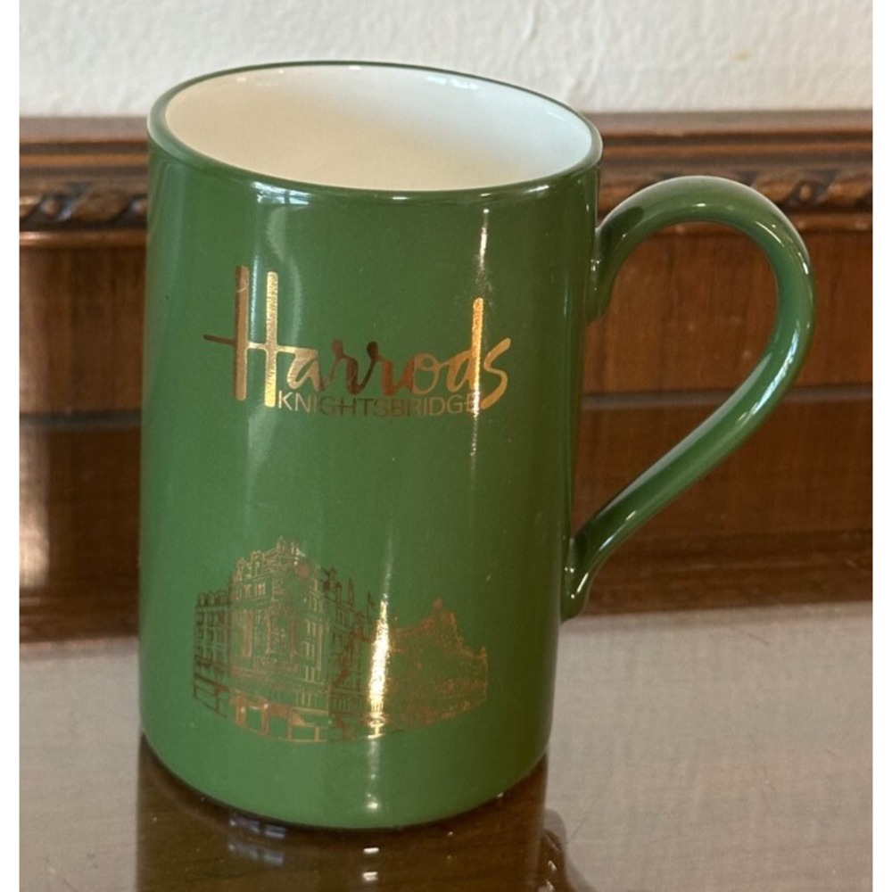 Vintage Harrods Knightsbridge Green‎ Mug Gold Signature Logo Scotland Excellent